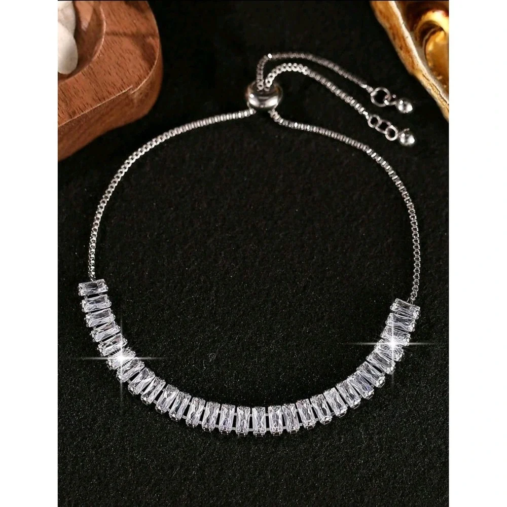 Cubic Zirconia Bracelet Adjustable Tennis Bracelet‎ Silver Plated Jewelry
